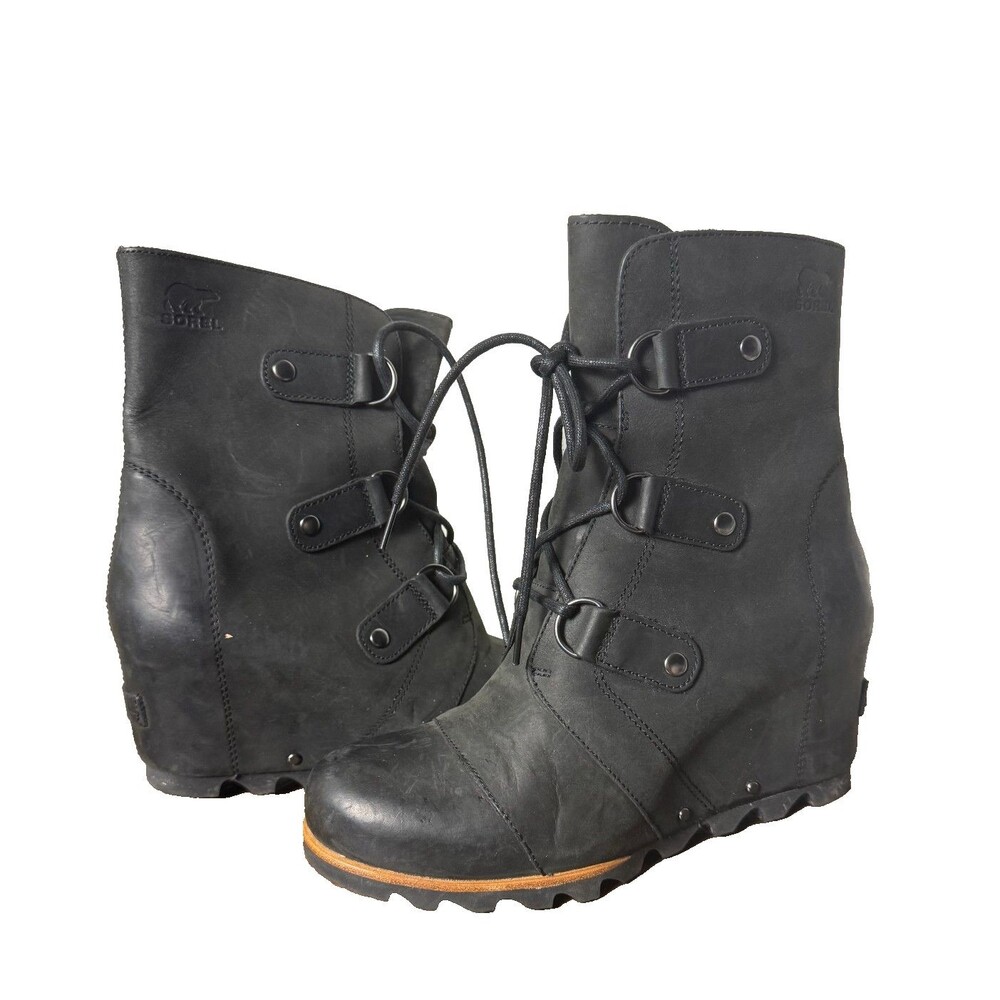 Sorel Black Leather Wedge Boots Lace Up Moto Biker Grunge Women's 9.5